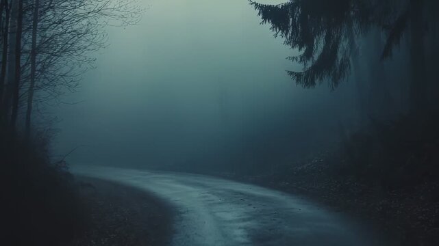 Wet asphalt path vanishes into low lying fog through a dark winter forest at dawndusk, evoking moody solitude, mystery and a cold, silent journey into the unknown