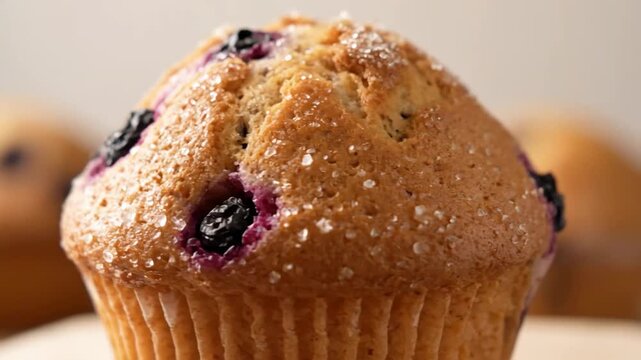 Delicious homemade blueberry muffin close-up topped with coarse sugar crystals, showcasing fresh baked pastry texture perfect for breakfast or dessert.