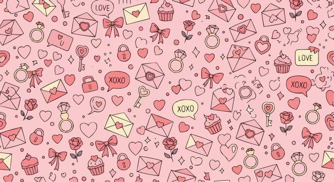 Valentine's day seamless pattern with cute love icons on pink background