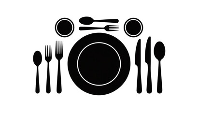 Silhouette top view dinner table setting vector with plate forks knives spoons flat isolated illustration © MdLiton