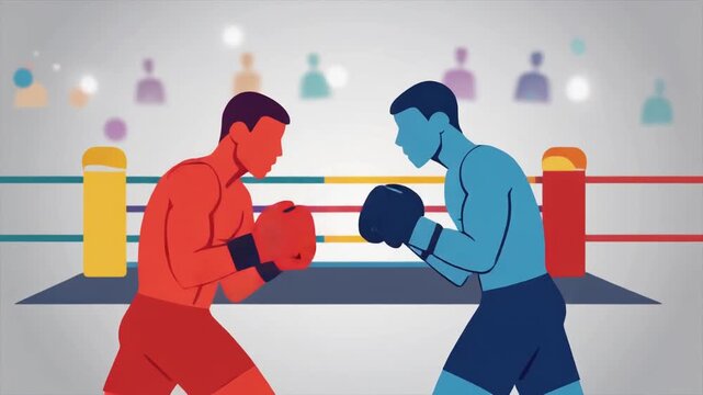 Animated Boxing Match in a Ring with Crowd Silhouette Background Illustration