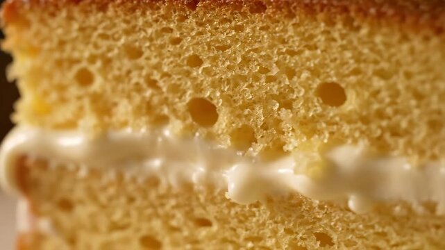 Extreme close-up of moist yellow sponge cake texture revealing airy pores and a layer of smooth white cream filling, highlighting delicious dessert baking.