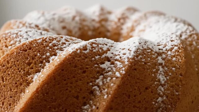 Macro detail of a fresh Bundt cake sprinkled with powdered sugar, emphasizing the moist brown texture and golden baked surface, perfect for bakery or holiday dessert concepts.