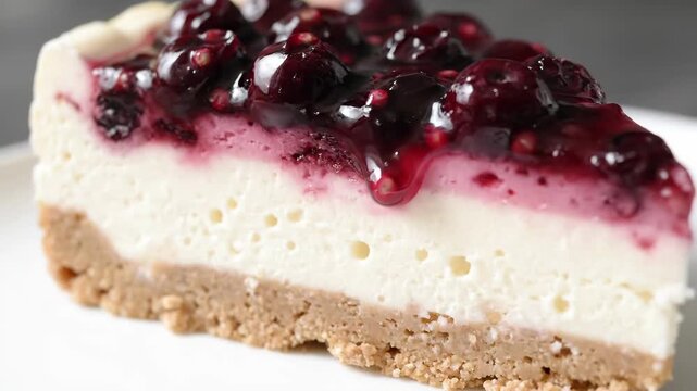 Decadent close-up of a slice of rich New York style cheesecake topped with glossy berry sauce and crumbly graham cracker crust, emphasizing creamy texture and layered dessert presentation.