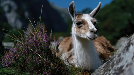 Obraz premium A calm llama rests in a natural setting, surrounded by vibrant flora, embodying the serenity and beauty of wildlife in harmony with its environment.