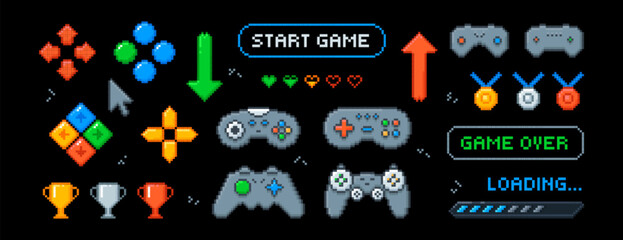 Vector set of pixel art arcade ui buttons, arrows, joystick, progress bar, trophies and awards in 8bit retro style. Video console, interface menu icons, game over text. Pixelated heart, medal, gamepad © redgreystock