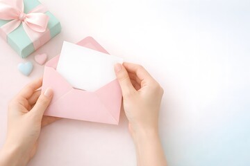 Hands holding pink envelope with blank card pastel flat lay