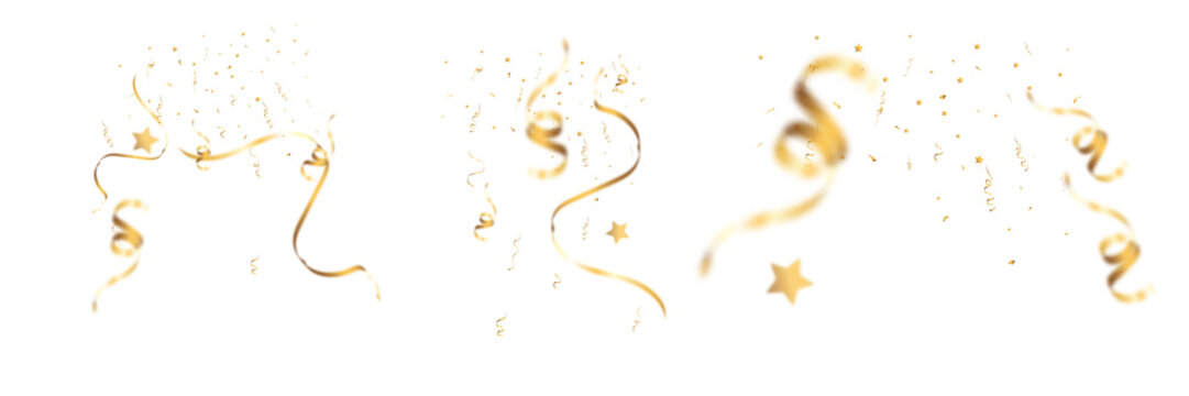 Golden confetti ribbons and star shapes floating in the air, festive decorative elements isolated on transparent background.