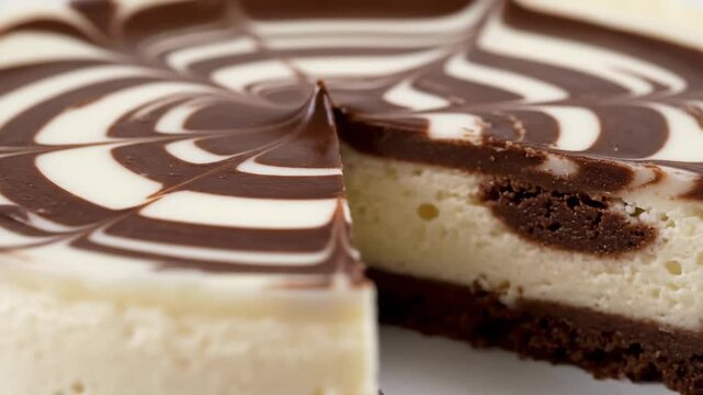 Extreme close-up of decadent marble chocolate and white cream topping on a cake, featuring a stunning spiderweb or zebra swirl pattern and smooth texture detail.