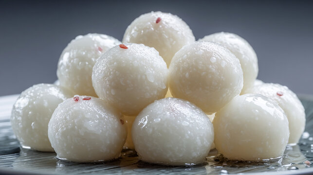 A plate of traditional Indian rasgulla dessert balls on a gray background