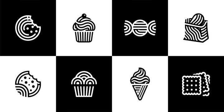 Vector Set of 8 Sweet Desserts Bakery and Candy Food Icons
