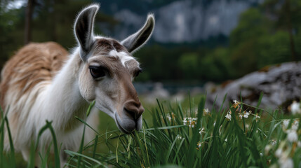 Obraz premium A curious llama grazes peacefully among lush greenery, epitomizing the beauty of nature and tranquility in a serene environment.