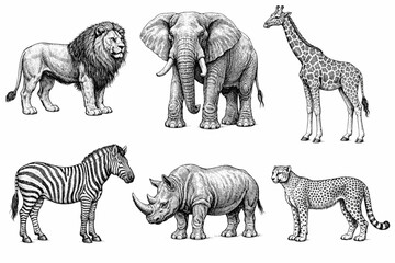 Fototapeta premium Detailed illustrations of african wildlife lion elephant giraffe zebra rhinoceros cheetah