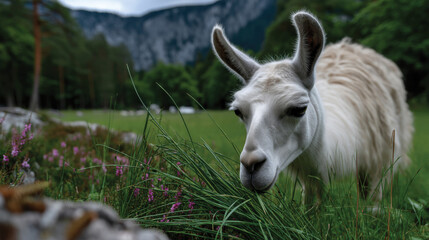 Obraz premium A close-up shot of a llama peacefully grazing in a lush green meadow, surrounded by stunning mountain scenery, showcasing tranquility and natural beauty.