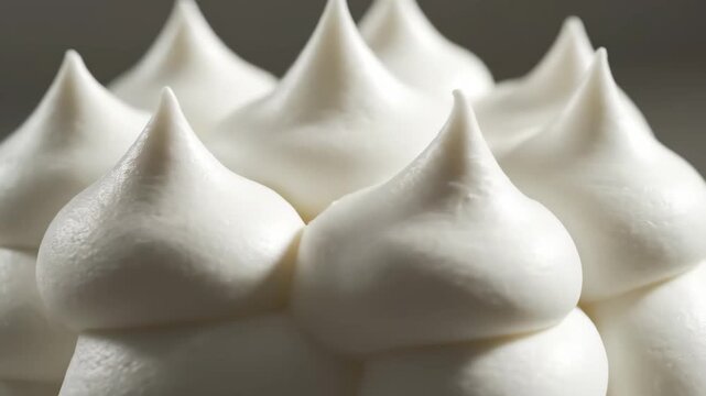 Macro Close-up of Glossy White Meringue Peaks or Buttercream Frosting Texture. Delicious Sweet Dessert Topping and Confectionery Detail.