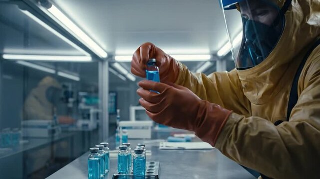 Scientist in Yellow Hazmat Suit Handling Blue Vaccine Vials in Bio-Secure Lab