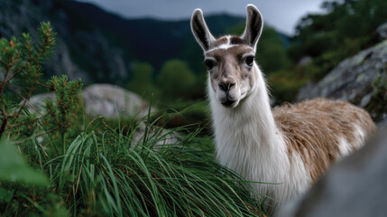 Obraz premium A close shot of a llama with striking features, set among green grass and rocky terrain under a moody sky, embodying the essence of wildlife in natural habitats.