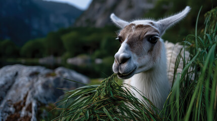 Obraz premium An inquisitive llama munching on vibrant green grass against a backdrop of towering mountains, capturing the essence of rural life and close connection with nature.