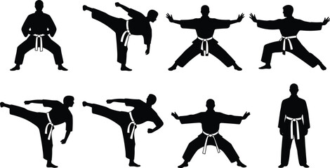 Martial arts karate silhouette icon set showing fighters performing kicks and stances, black sport action poses isolated on white background for fitness and training design use © Biplob Creatives
