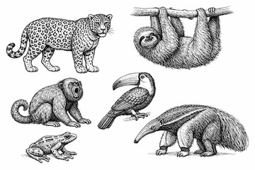 Obraz premium Hand-drawn jungle animals: leopard, sloth, monkey, toucan, anteater, frog illustration