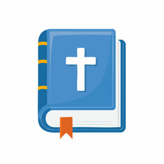 Fototapeta premium Closed blue book with a white cross and orange bookmark symbol of faith and Christianity