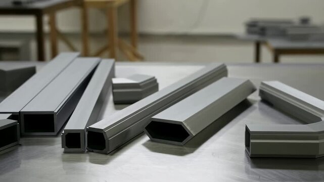 Industrial metal profiles arranged on a workbench. Essential components for construction and manufacturing processes, showcasing versatility and precision