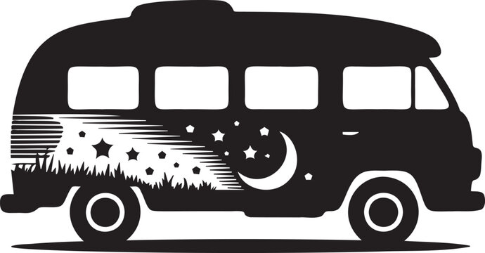 Vintage van silhouette for travel and adventure with nature elements