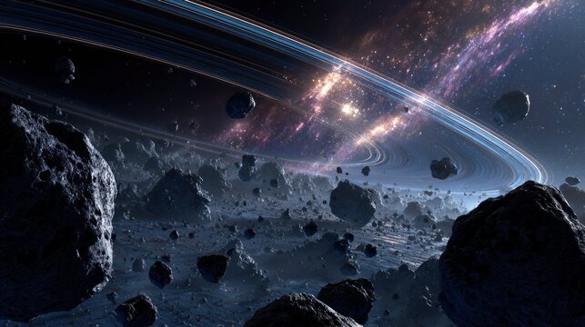 Cosmic asteroid field with rings and nebula background for science fiction