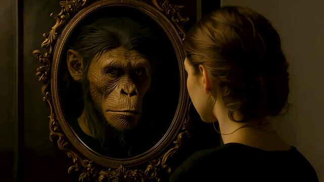 Mysterious woman observing chimpanzee reflection in vintage oval mirror dimly lit room