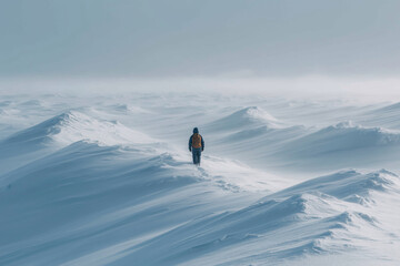 Solitary traveler exploring the vast Arctic landscape beneath a cloudy sky