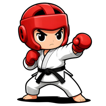 Little baby boy in TAEKWONDO dobok kimono on white background. The concept icon of martial arts, karate, judo, sports since childhood, discipline. Defence concept with copy space.