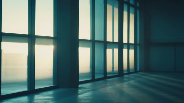 Empty interior space with large glass windows showing bright sunrise or sunset light casting long shadows across the polished floor, creating a sense of new beginnings and openness