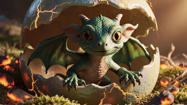 green baby dragon hatching from eggshell.