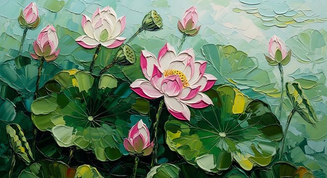 Impressionist oil painting of pink lotus flowers blooming in lush green pond