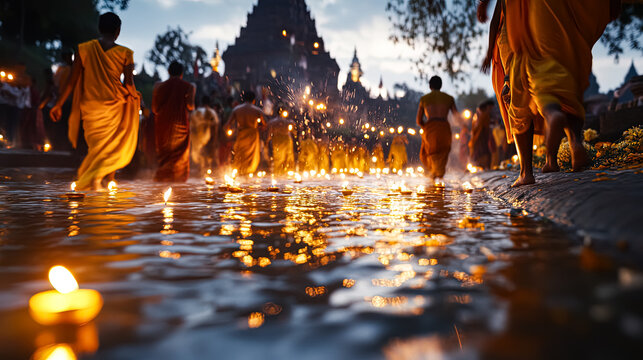 Monks with yellow robes participate in a traditional ritual on a water surface