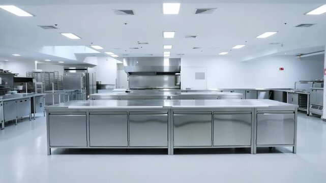 Modern commercial kitchen with stainless steel countertops and professional equipment. Ideal for culinary arts, food preparation, and restaurant operations