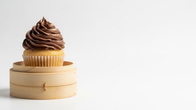 Single vanilla cupcake with rich chocolate frosting served on a small wooden pedestal against a bright, slightly offwhite background