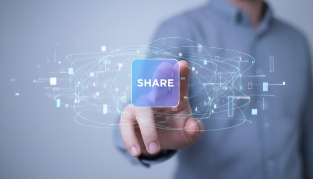 Person's hand interacting with a glowing share button on a futuristic virtual display. Symbolizing digital communication. Social networking. And global data exchange during online content distribution