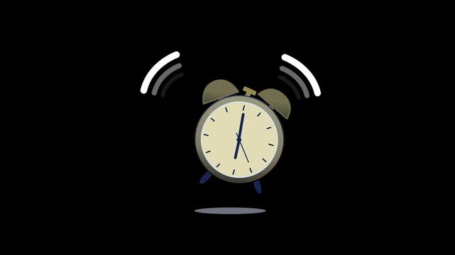 Cartoon traditional alarm clock jumping wildly with ringing sound waves effect. Animated motion graphic on black background, perfect for wake up and morning concepts. Loopable video.