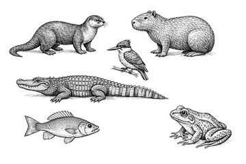 Detailed illustrations of otter, capybara, bird, crocodile, fish, and frog