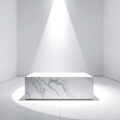 A minimalist white room with a marble block under a spotlight