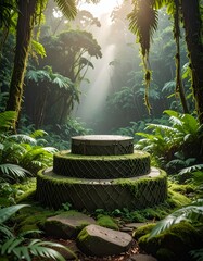 Sunlit jungle scene with tiered platform. Lush foliage. Mystical atmosphere