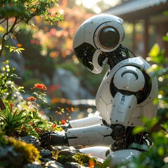 A sleek white robot contemplates a vibrant garden scene with focused light