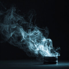 Obraz premium A wisp of white smoke rises from a small metal object in a dark room