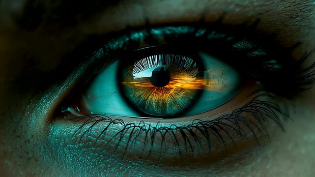 Intense human eye with vivid amber iris and teal reflections under dramatic lighting revealing sharp detail depth and emotional focus