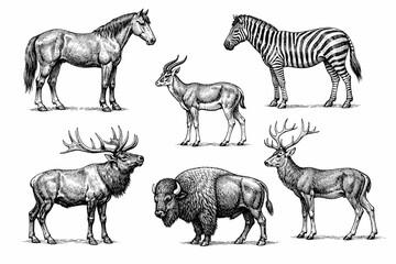 Fototapeta premium Black and white sketches of various wild animals - horse, zebra, antelope, elk, bison, deer
