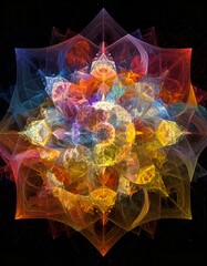 Intricate, colorful fractal flower radiating with brilliant hues against black