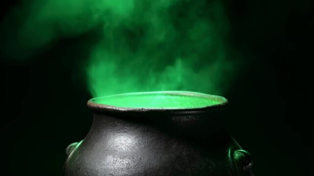 Mysterious black cauldron emitting green smoke against a dark background. Represents magic, potion-making, and Halloween themes