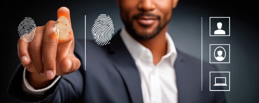 Professional biometric fingerprint authentication on a digital screen with user icons and business theme