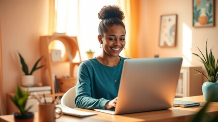 Smiling Diverse Woman Working Remotely in Cozy Home Office on Video Call